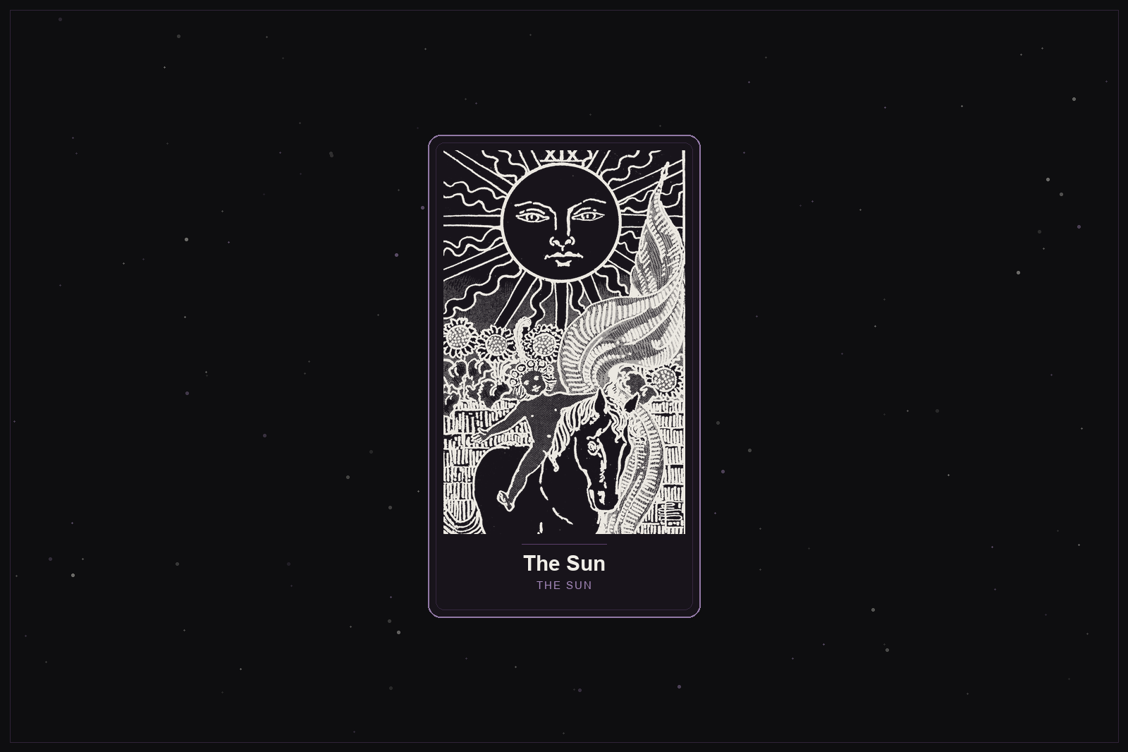 The Sun tarot card in the Lunar Haus style: the classic Rider-Waite Sun rendered as off-white outlines on a dark, starlit card with a plum frame