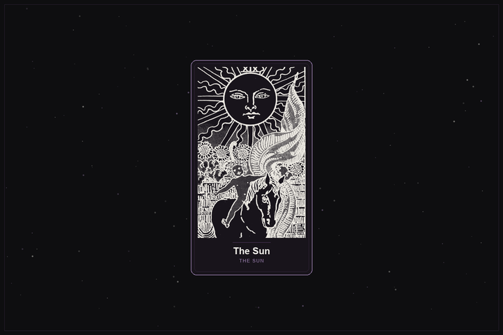 The Sun tarot card in the Lunar Haus style: the classic Rider-Waite Sun rendered as off-white outlines on a dark, starlit card with a plum frame