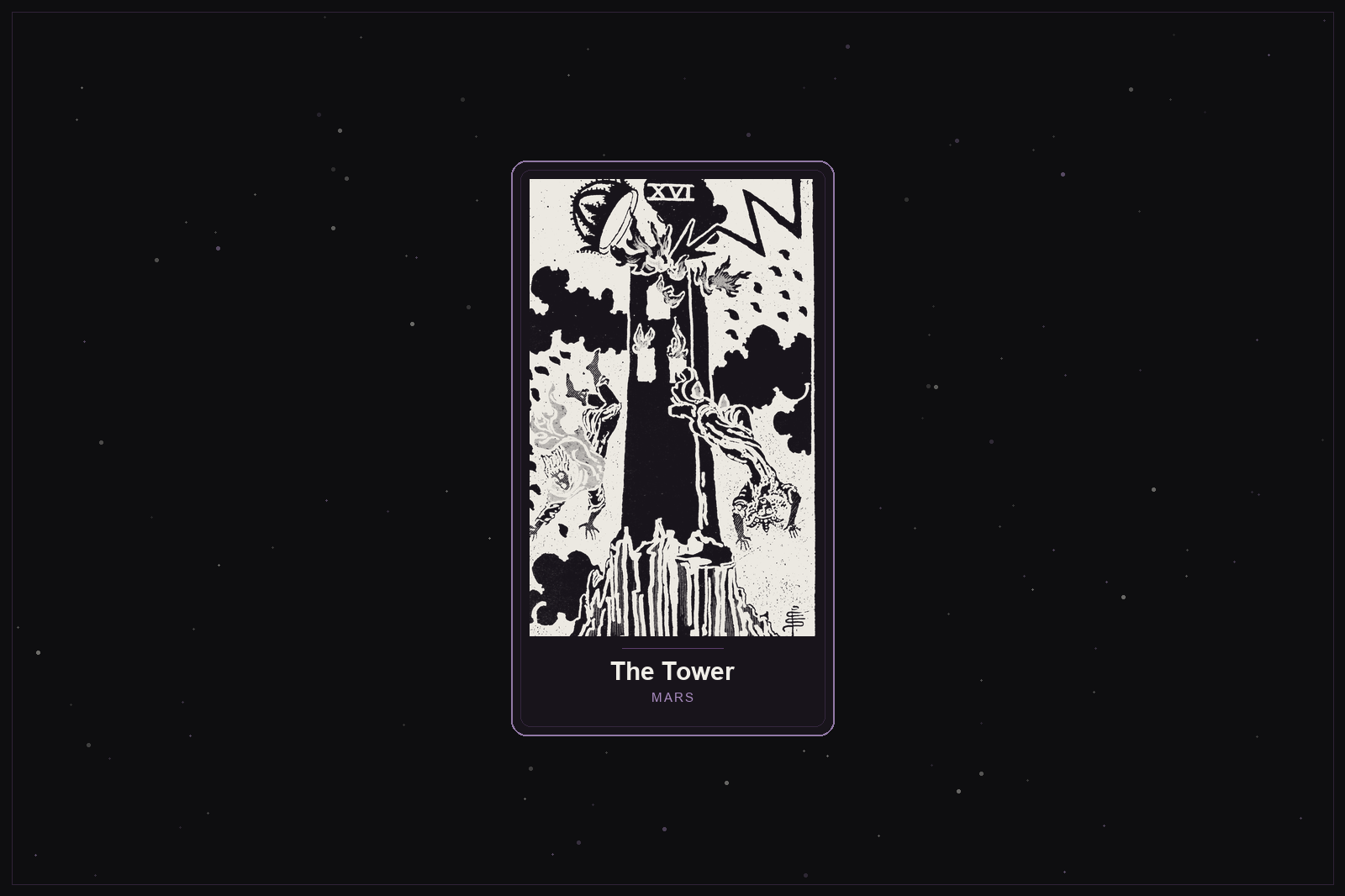 The Tower tarot card in the Lunar Haus style: the classic Rider-Waite Tower rendered as off-white outlines on a dark, starlit card with a plum frame