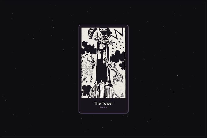 The Tower tarot card in the Lunar Haus style: the classic Rider-Waite Tower rendered as off-white outlines on a dark, starlit card with a plum frame