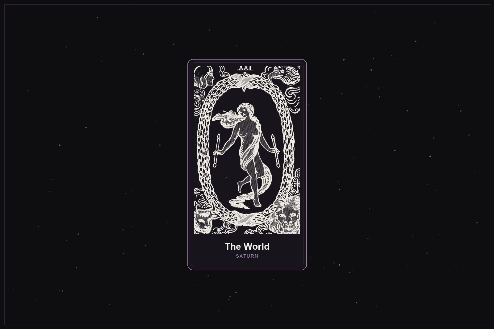 The World tarot card in the Lunar Haus style: the classic Rider-Waite World card rendered as off-white outlines on a dark, starlit card with a plum frame