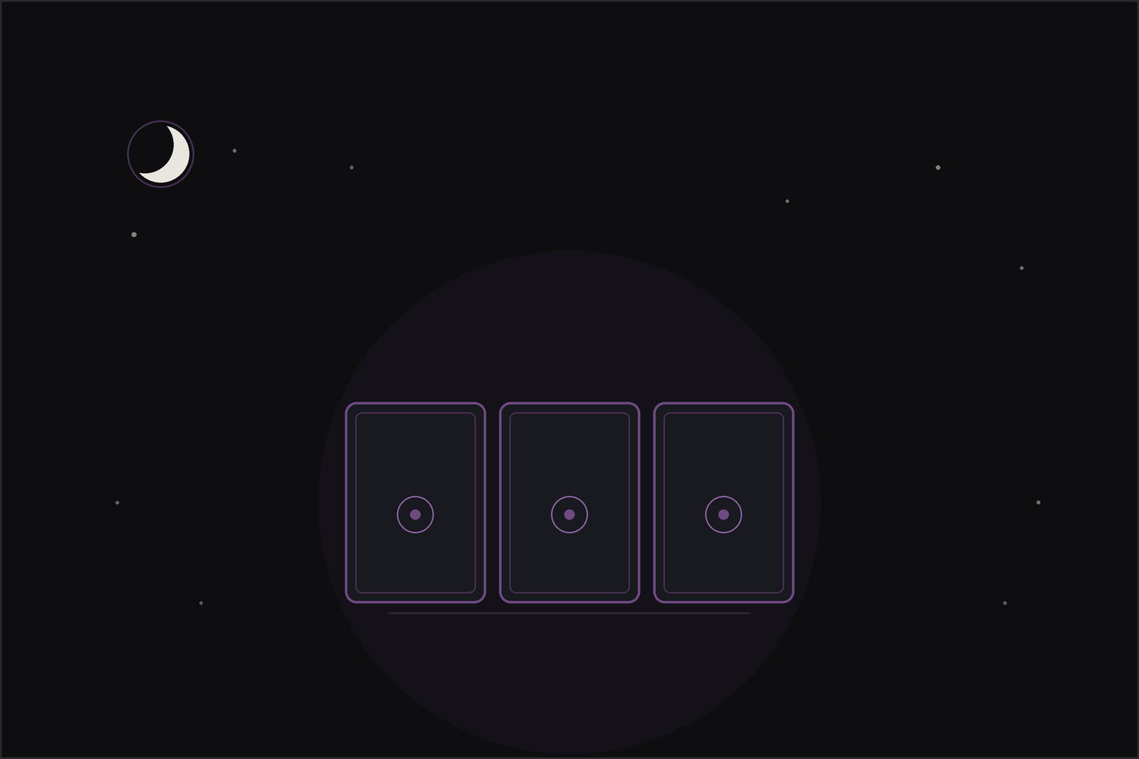 Three card tarot spread: three tarot cards in a row beneath a crescent moon