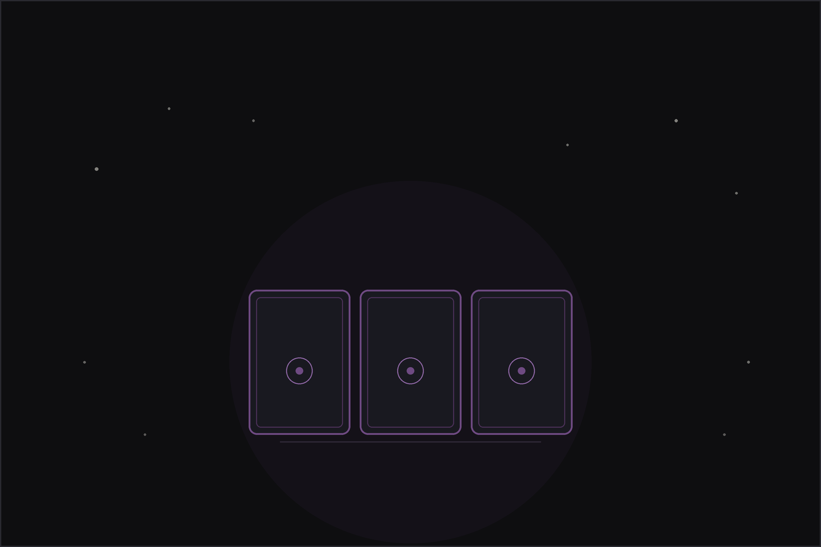 Three card tarot spread: three tarot cards in a row beneath a crescent moon