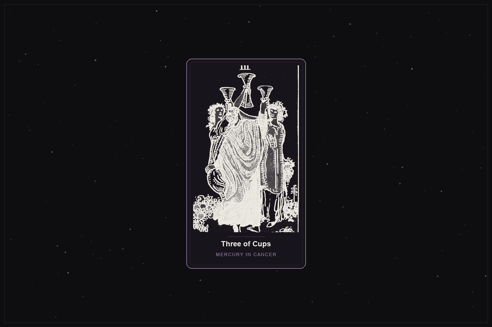 Three of Cups tarot card in the Lunar Haus style: the classic Rider-Waite Three of Cups, three figures raising cups, rendered as off-white outlines on a dark, starlit card with a plum frame