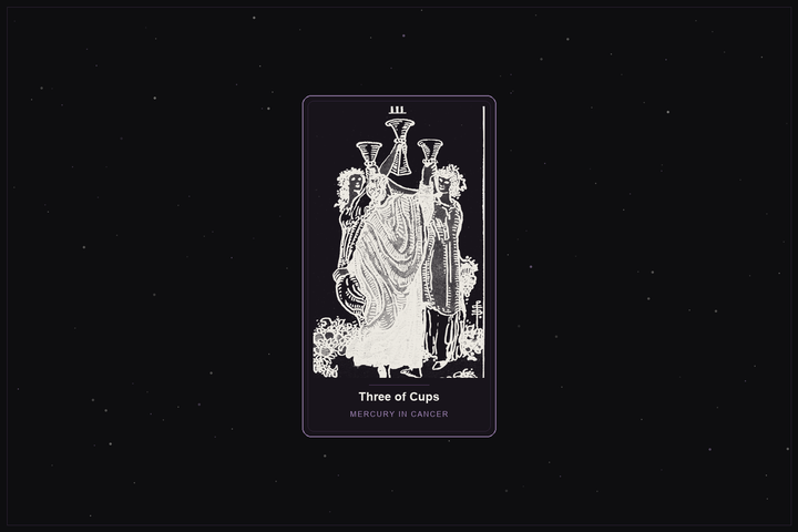 Three of Cups tarot card in the Lunar Haus style: the classic Rider-Waite Three of Cups, three figures raising cups, rendered as off-white outlines on a dark, starlit card with a plum frame