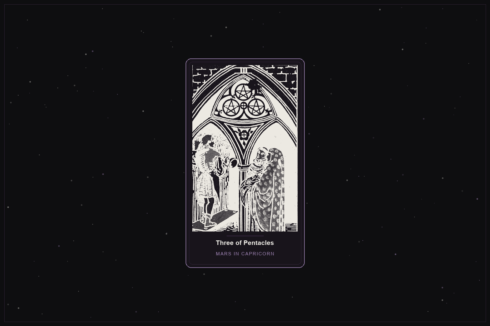 Three of Pentacles tarot card in the Lunar Haus style: the classic Rider-Waite Three of Pentacles, a craftsman at work with two others, rendered as off-white outlines on a dark, starlit card with a plum frame