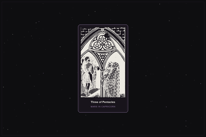 Three of Pentacles tarot card in the Lunar Haus style: the classic Rider-Waite Three of Pentacles, a craftsman at work with two others, rendered as off-white outlines on a dark, starlit card with a plum frame