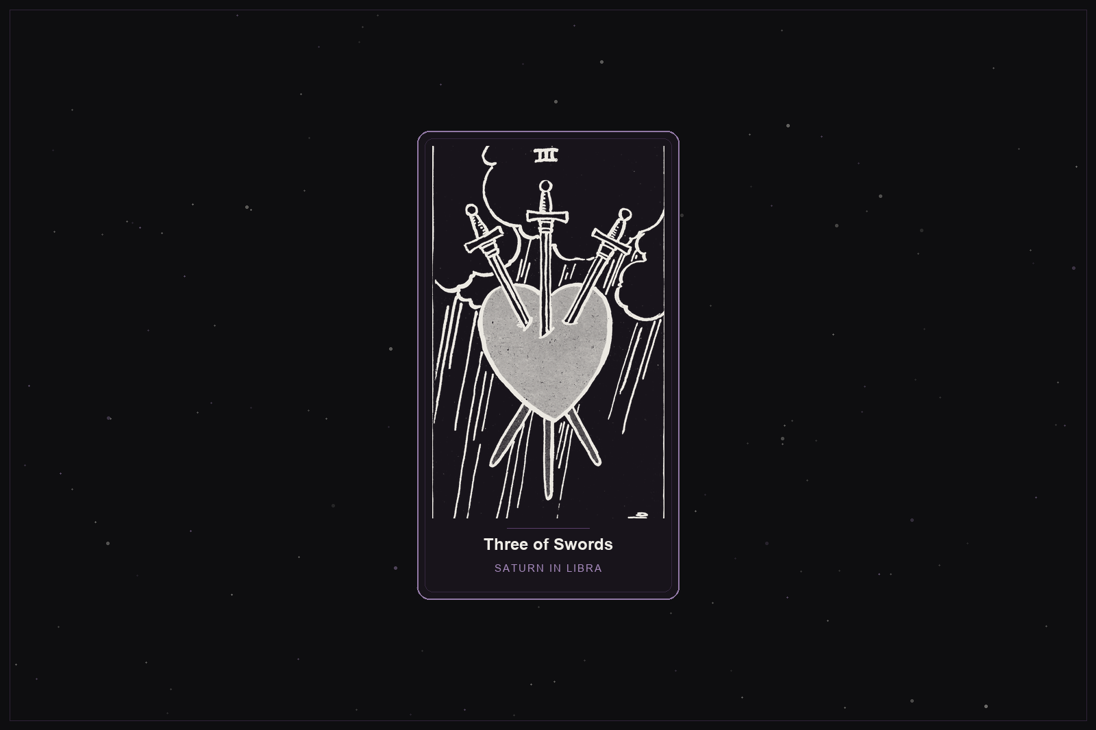 Three of Swords tarot card in the Lunar Haus style: the classic Rider-Waite Three of Swords, a heart pierced by three swords, rendered as off-white outlines on a dark, starlit card with a plum frame