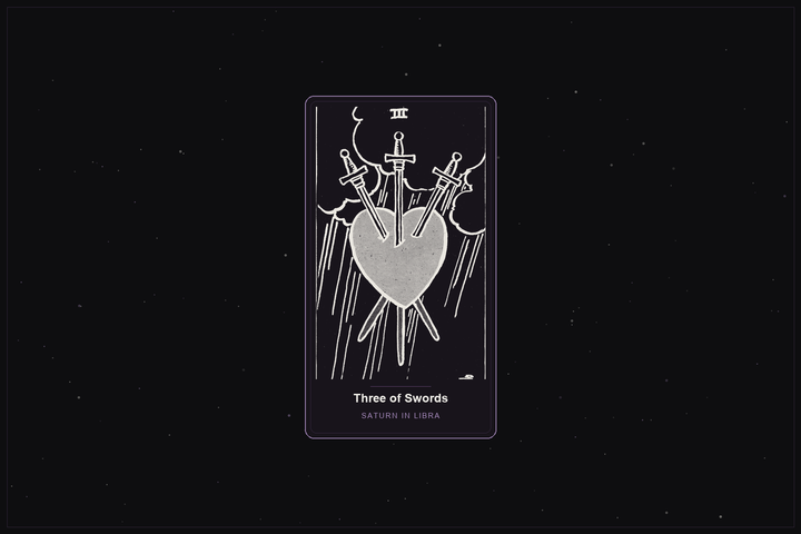 Three of Swords tarot card in the Lunar Haus style: the classic Rider-Waite Three of Swords, a heart pierced by three swords, rendered as off-white outlines on a dark, starlit card with a plum frame