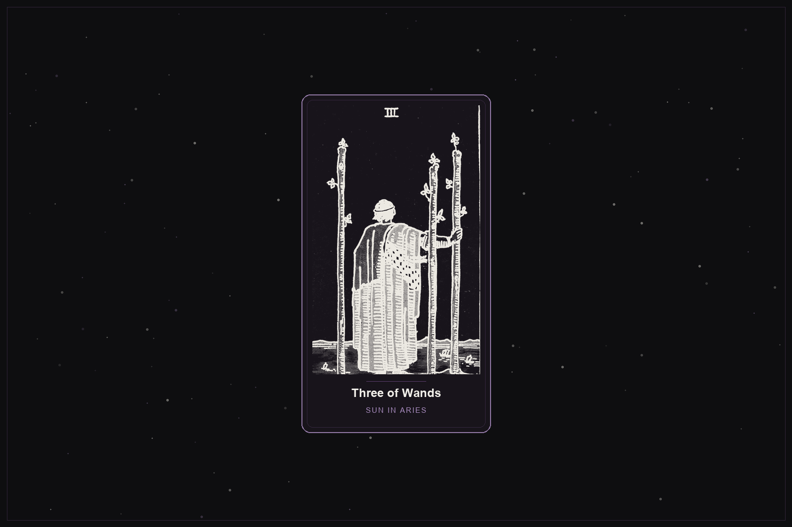 Three of Wands tarot card in the Lunar Haus style: the classic Rider-Waite Three of Wands, a figure watching ships from a cliff, rendered as off-white outlines on a dark, starlit card with a plum frame