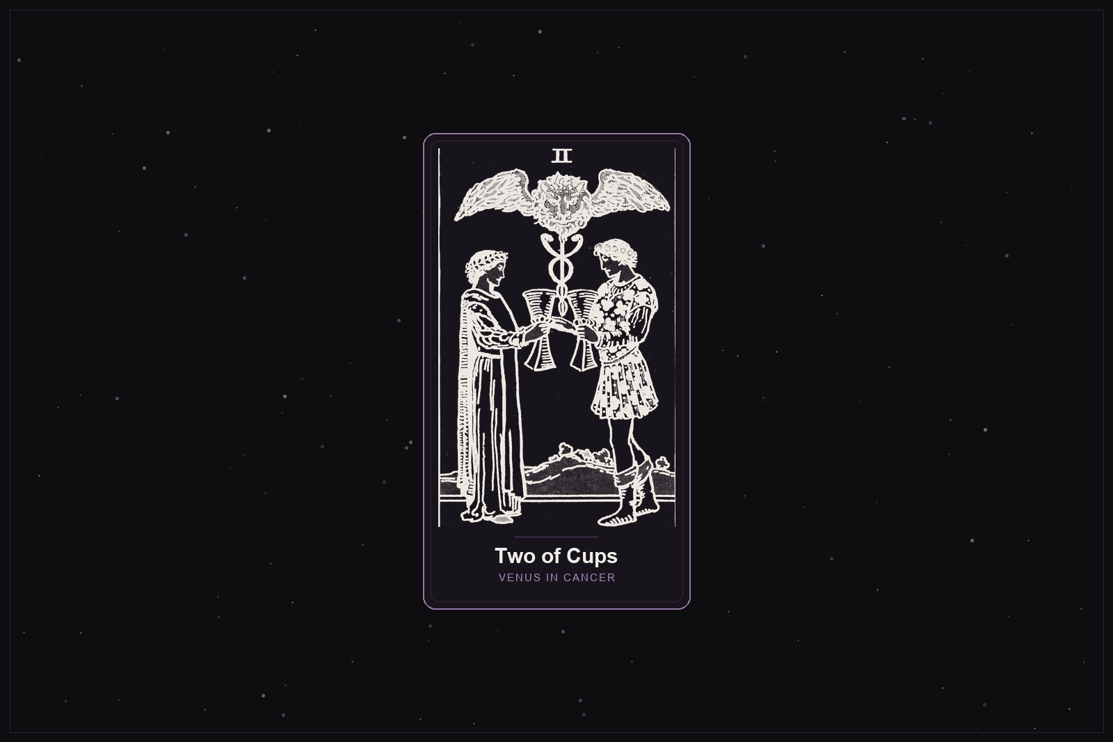Two of Cups tarot card in the Lunar Haus style: the classic Rider-Waite Two of Cups, two figures pledging cups, rendered as off-white outlines on a dark, starlit card with a plum frame