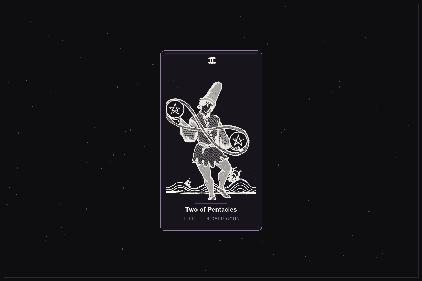 Two of Pentacles tarot card in the Lunar Haus style: the classic Rider-Waite Two of Pentacles, a figure juggling two coins, rendered as off-white outlines on a dark, starlit card with a plum frame