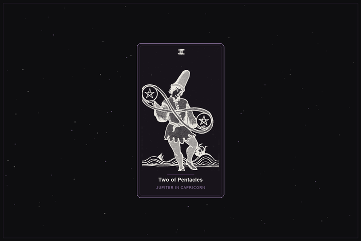 Two of Pentacles tarot card in the Lunar Haus style: the classic Rider-Waite Two of Pentacles, a figure juggling two coins, rendered as off-white outlines on a dark, starlit card with a plum frame