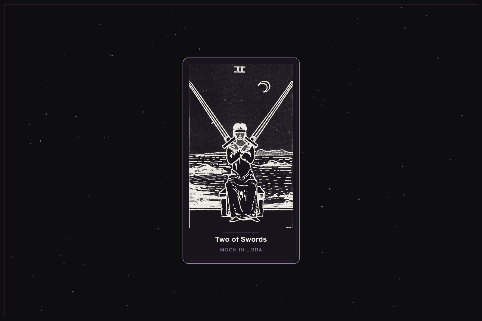 Two of Swords tarot card in the Lunar Haus style: the classic Rider-Waite Two of Swords, a blindfolded figure holding two crossed swords, rendered as off-white outlines on a dark, starlit card with a plum frame