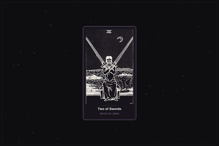 Two of Swords tarot card in the Lunar Haus style: the classic Rider-Waite Two of Swords, a blindfolded figure holding two crossed swords, rendered as off-white outlines on a dark, starlit card with a plum frame