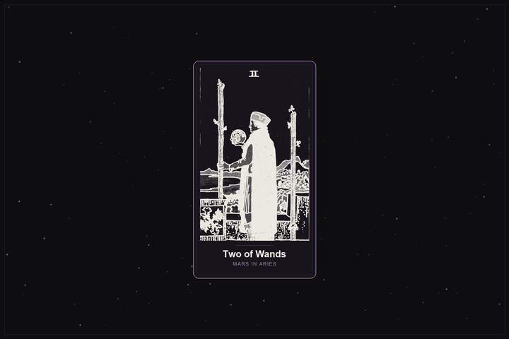 Two of Wands tarot card in the Lunar Haus style: the classic Rider-Waite Two of Wands, a figure holding a globe on a battlement, rendered as off-white outlines on a dark, starlit card with a plum frame