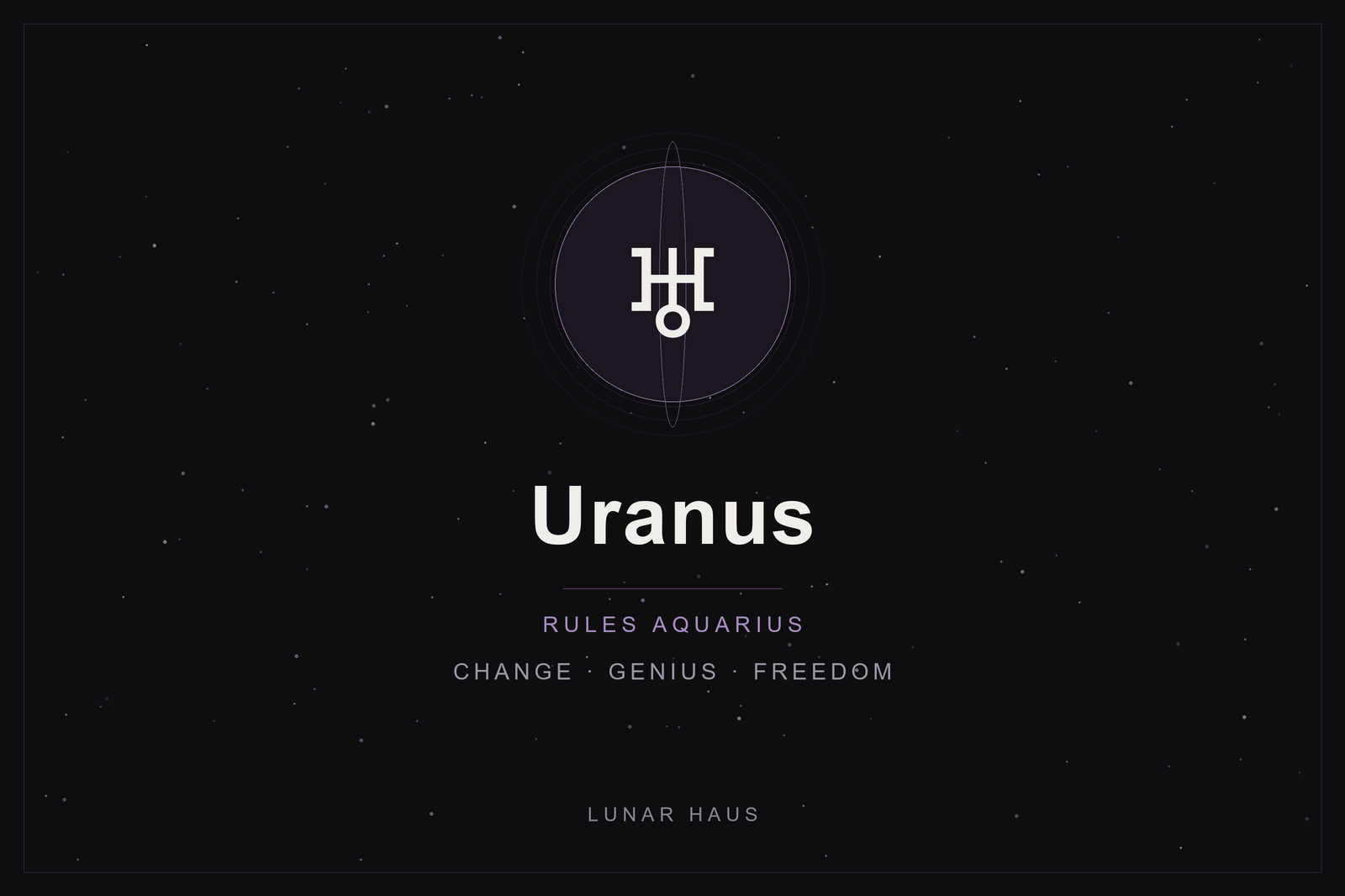 Uranus in astrology: the Uranus glyph in a plum-ringed disc on a dark, starlit sky