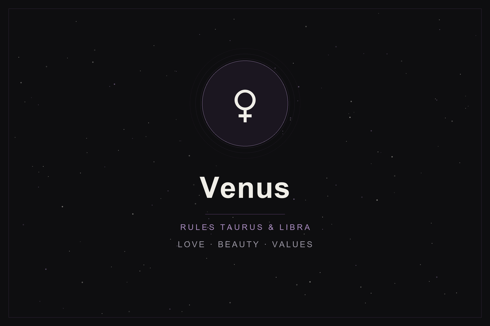 Venus in astrology: the Venus glyph in a plum-ringed disc on a dark, starlit sky