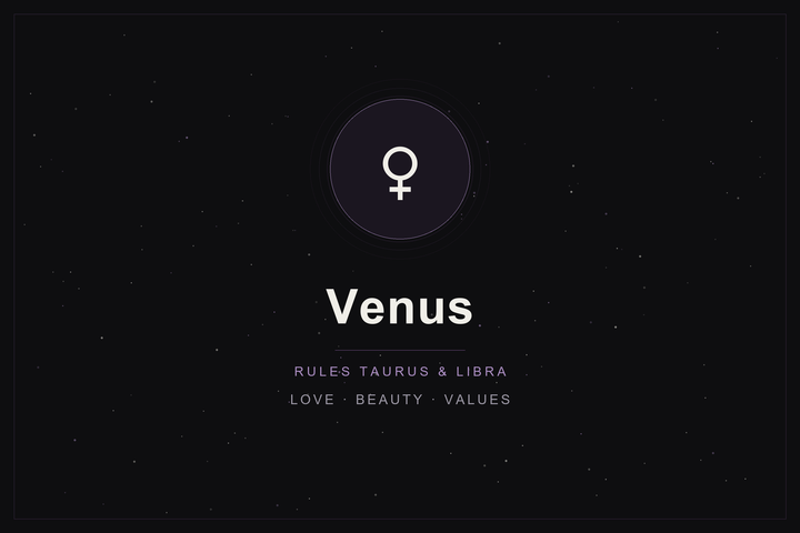 Venus in astrology: the Venus glyph in a plum-ringed disc on a dark, starlit sky