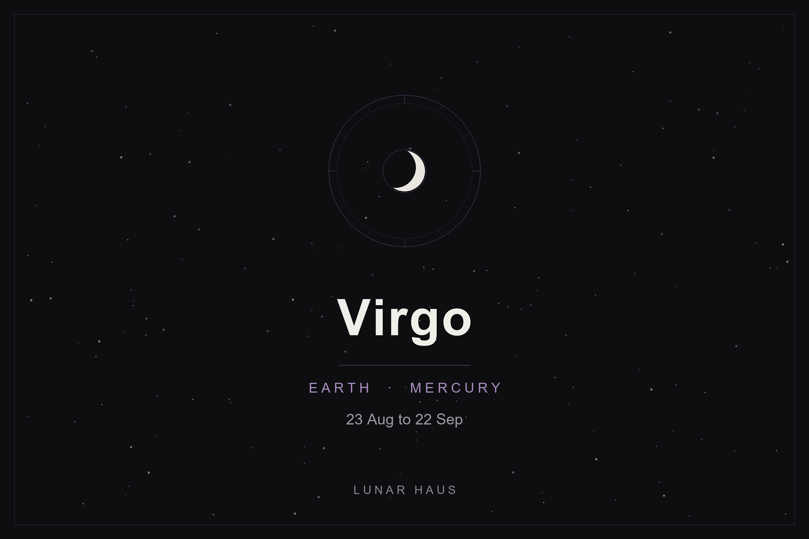 Virgo star sign: the maiden's zodiac wheel and a crescent moon over a dark, starlit sky