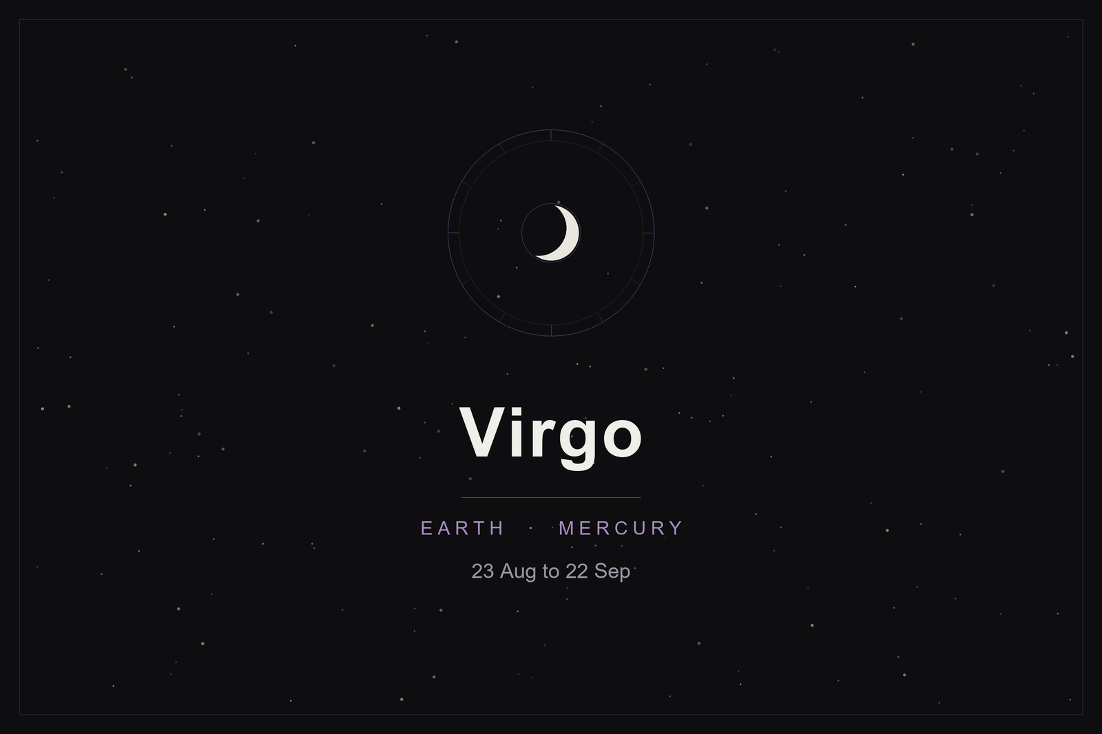 Virgo star sign: the maiden's zodiac wheel and a crescent moon over a dark, starlit sky