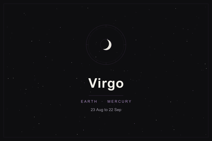 Virgo star sign: the maiden's zodiac wheel and a crescent moon over a dark, starlit sky