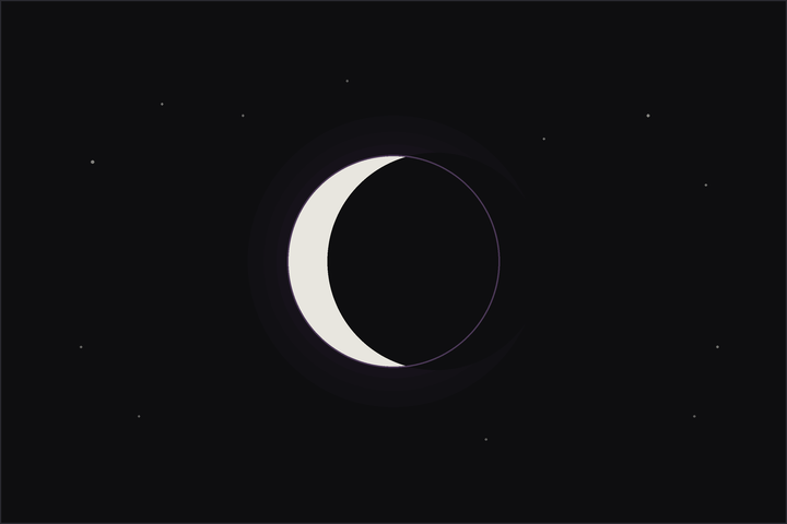 Waning crescent moon meaning: a thin waning crescent moon glowing softly among stars.