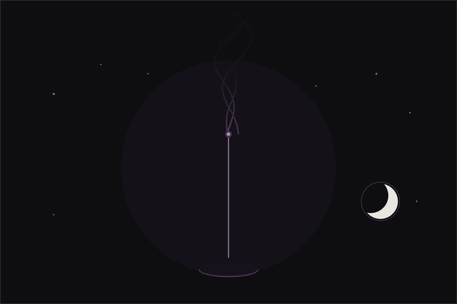 What does incense do: a single stick of incense releasing a slow thread of grey smoke, in the Lunar Haus style