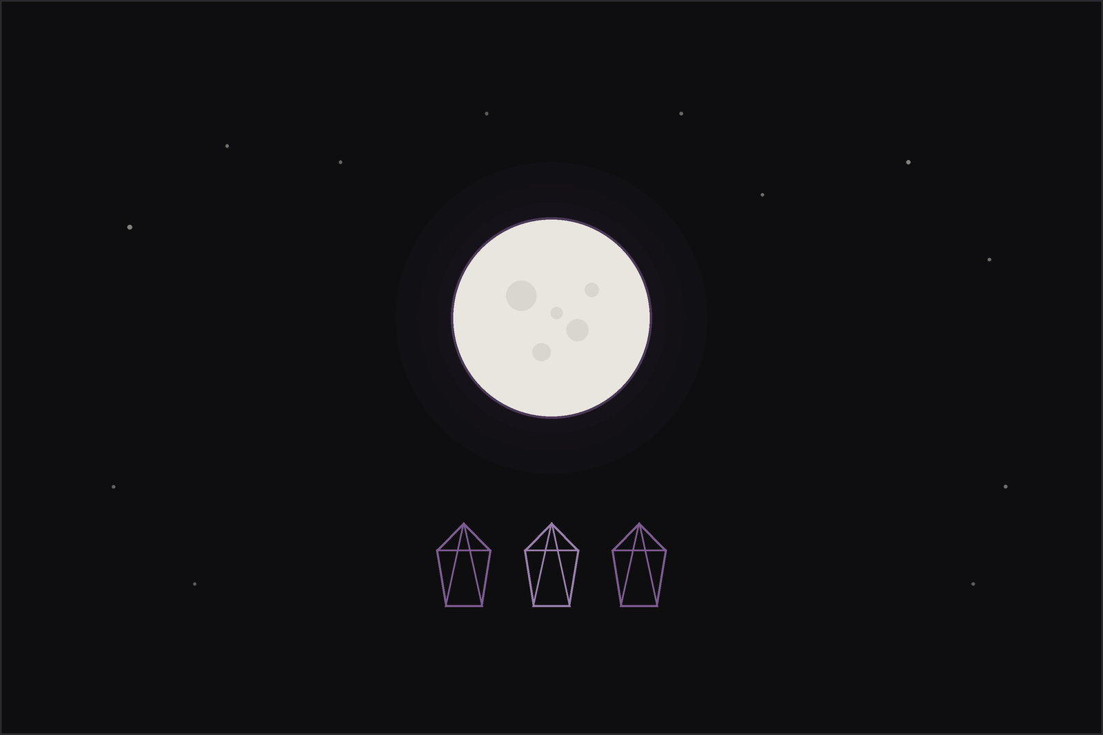 What to do on a full moon: a bright full moon above three crystals charging in its light on a starry night.