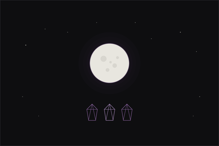 What to do on a full moon: a bright full moon above three crystals charging in its light on a starry night.