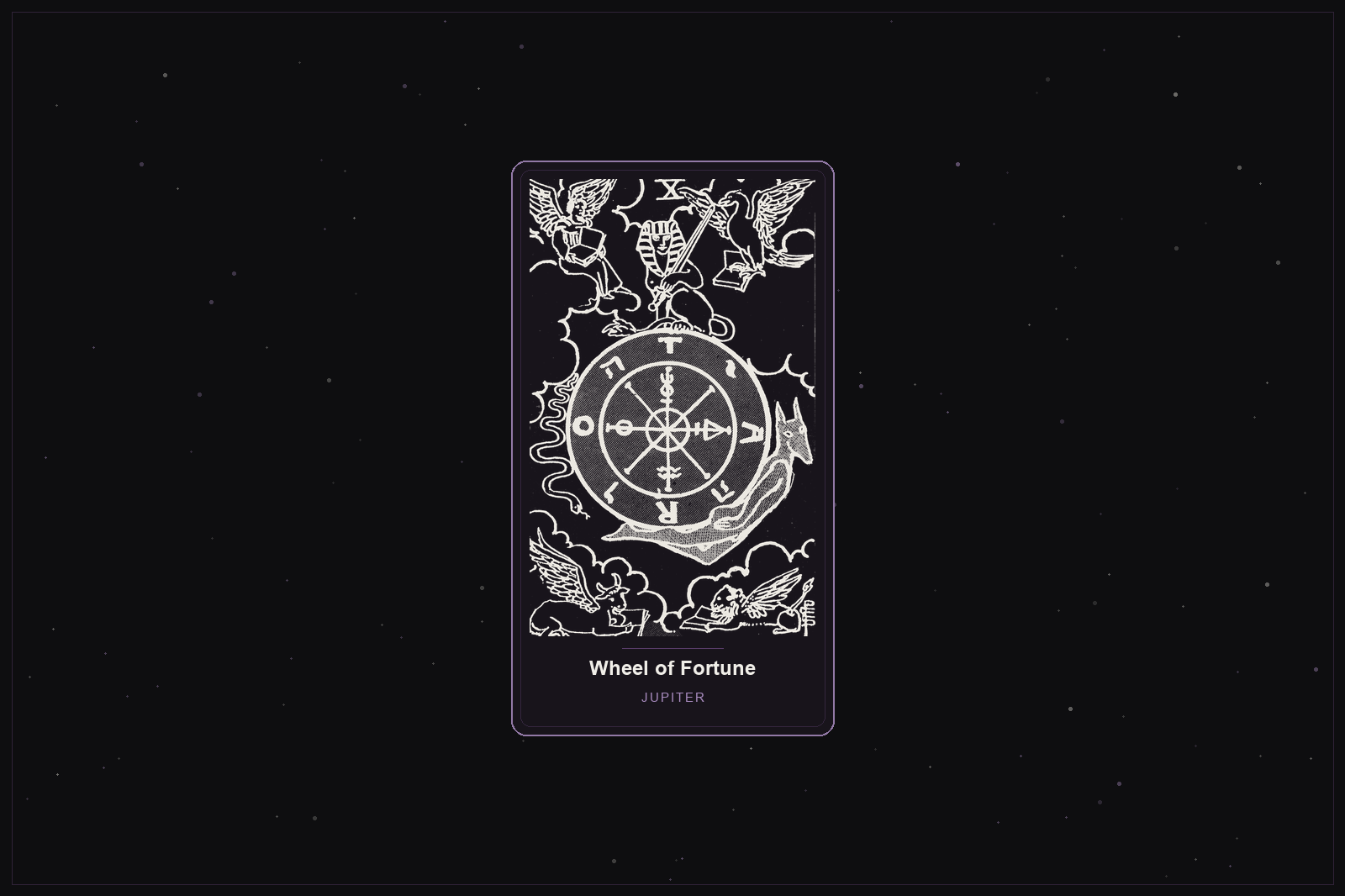 The Wheel of Fortune tarot card in the Lunar Haus style: the classic Rider-Waite Wheel of Fortune rendered as off-white outlines on a dark, starlit card with a plum frame