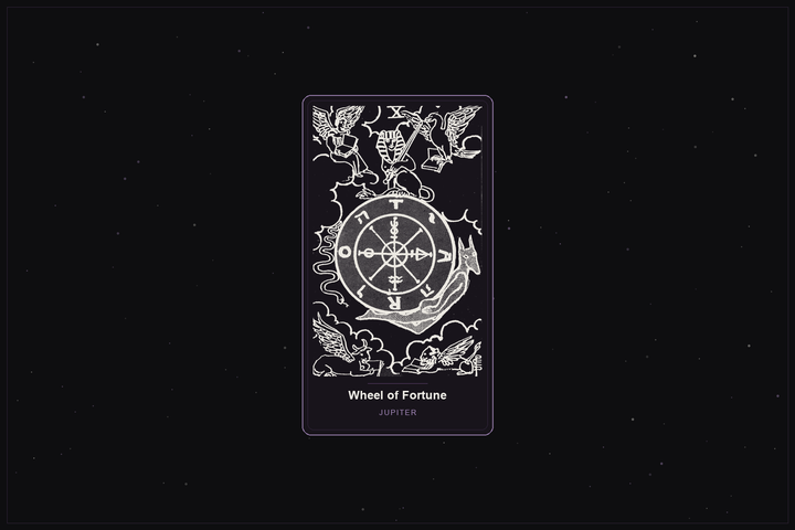 The Wheel of Fortune tarot card in the Lunar Haus style: the classic Rider-Waite Wheel of Fortune rendered as off-white outlines on a dark, starlit card with a plum frame
