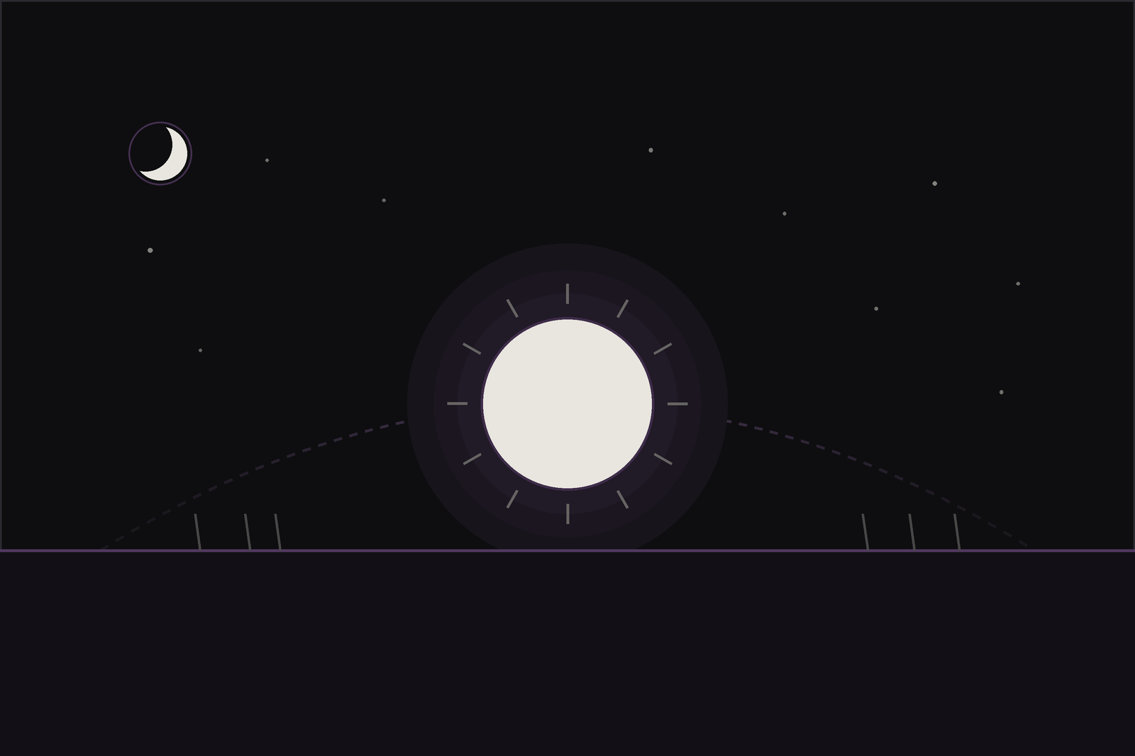Winter solstice ritual: a low midwinter sun setting on the horizon beneath a starry sky and crescent moon