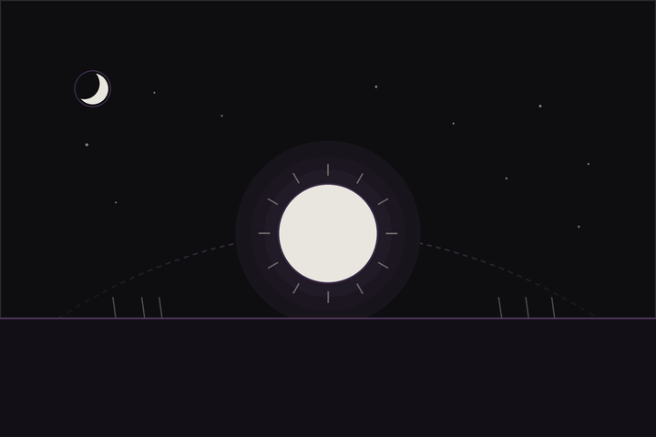 Winter solstice ritual: a low midwinter sun setting on the horizon beneath a starry sky and crescent moon