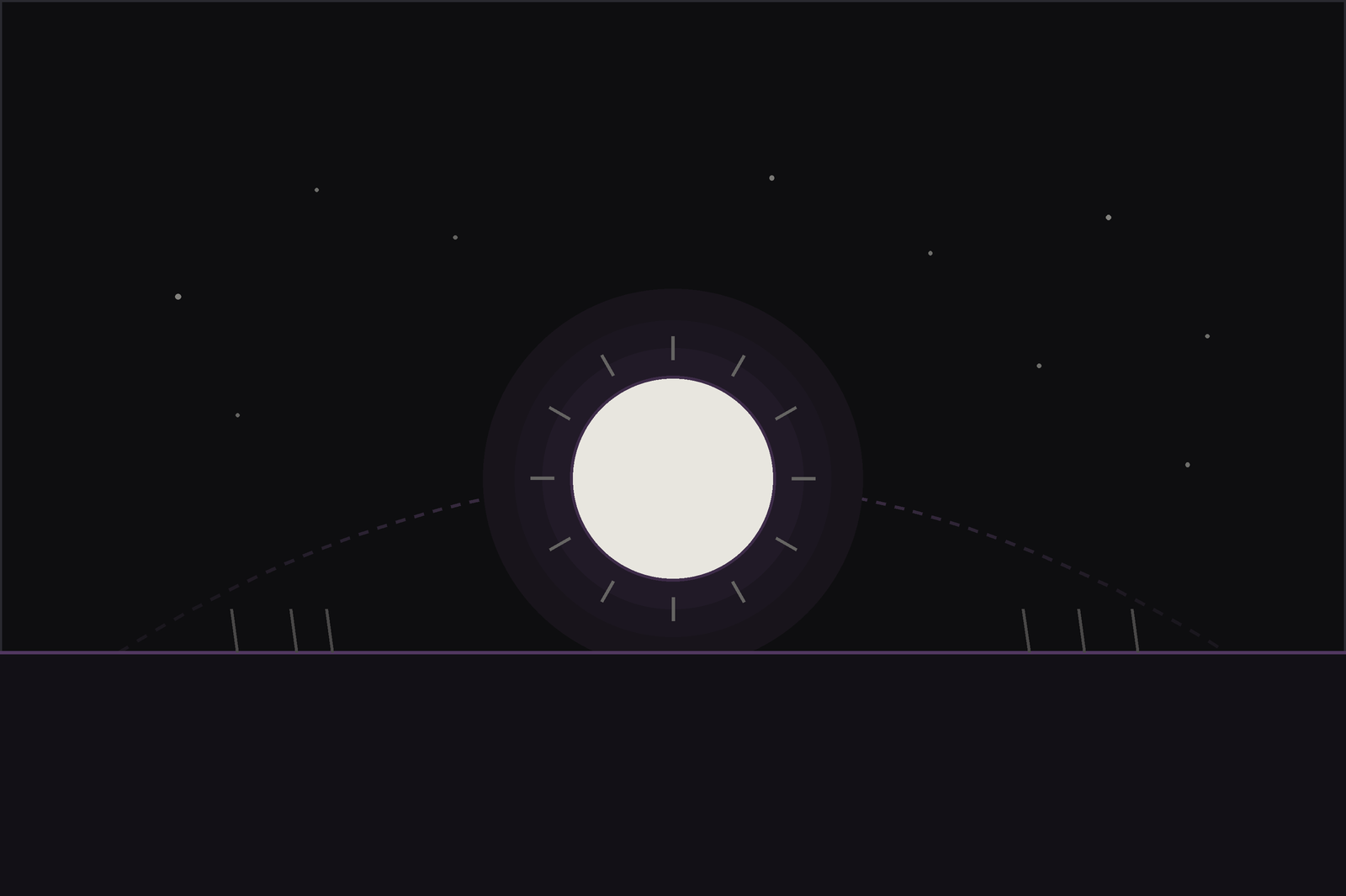 Winter solstice ritual: a low midwinter sun setting on the horizon beneath a starry sky and crescent moon