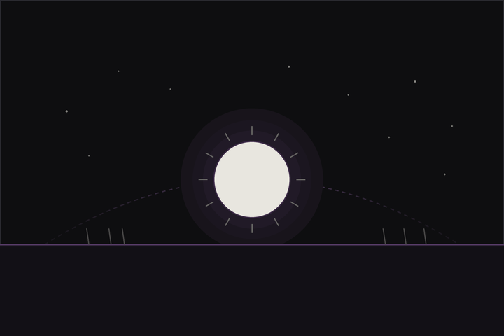 Winter solstice ritual: a low midwinter sun setting on the horizon beneath a starry sky and crescent moon