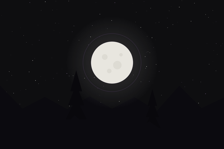 Wolf Moon: a bright full moon rising over snowy mountains and pines