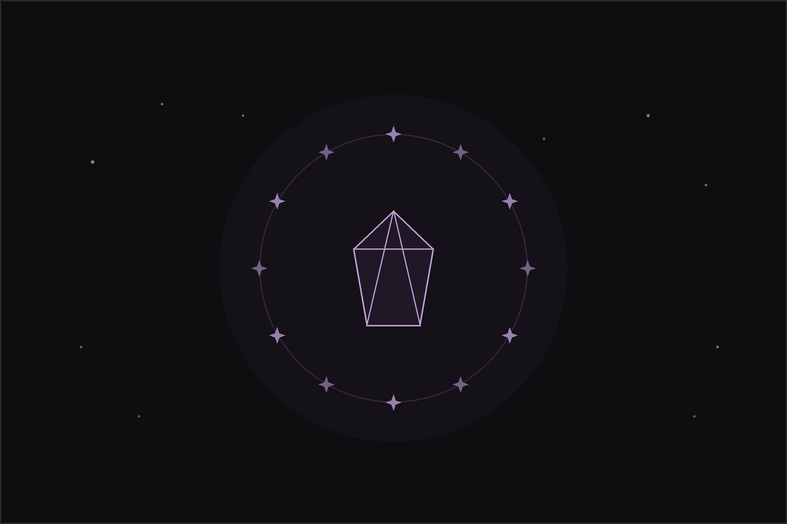 Zodiac stones: a central crystal ringed by twelve stars for the twelve star signs, under a crescent moon.