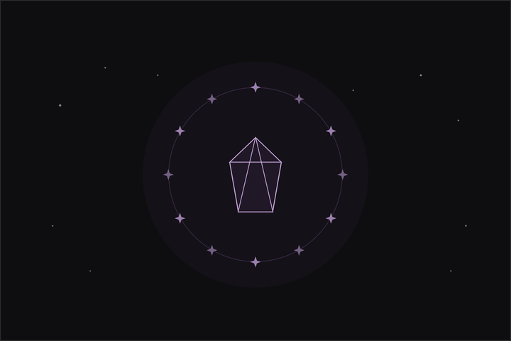 Zodiac stones: a central crystal ringed by twelve stars for the twelve star signs, under a crescent moon.